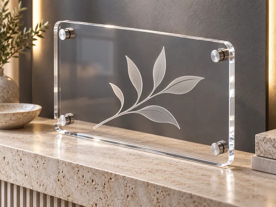 Design preview of a clear polished acrylic botanical sign with metal standoffs