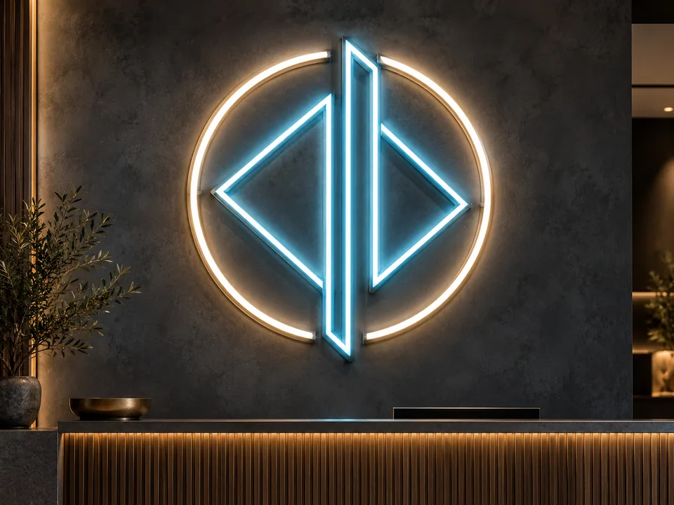 Design preview of a cyan and warm-white geometric neon logo above a reception desk