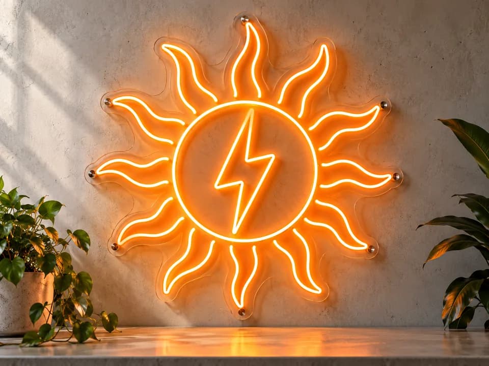 Design preview of an orange sunburst and lightning LED neon sign on clear acrylic