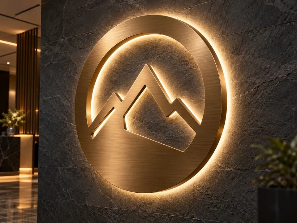 Design preview of a brushed-bronze mountain emblem with a warm-white backlit halo
