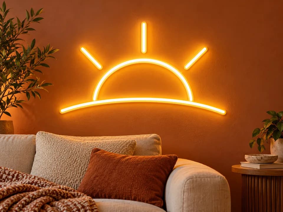 Design preview of a honey-yellow sunrise neon sign above a sofa