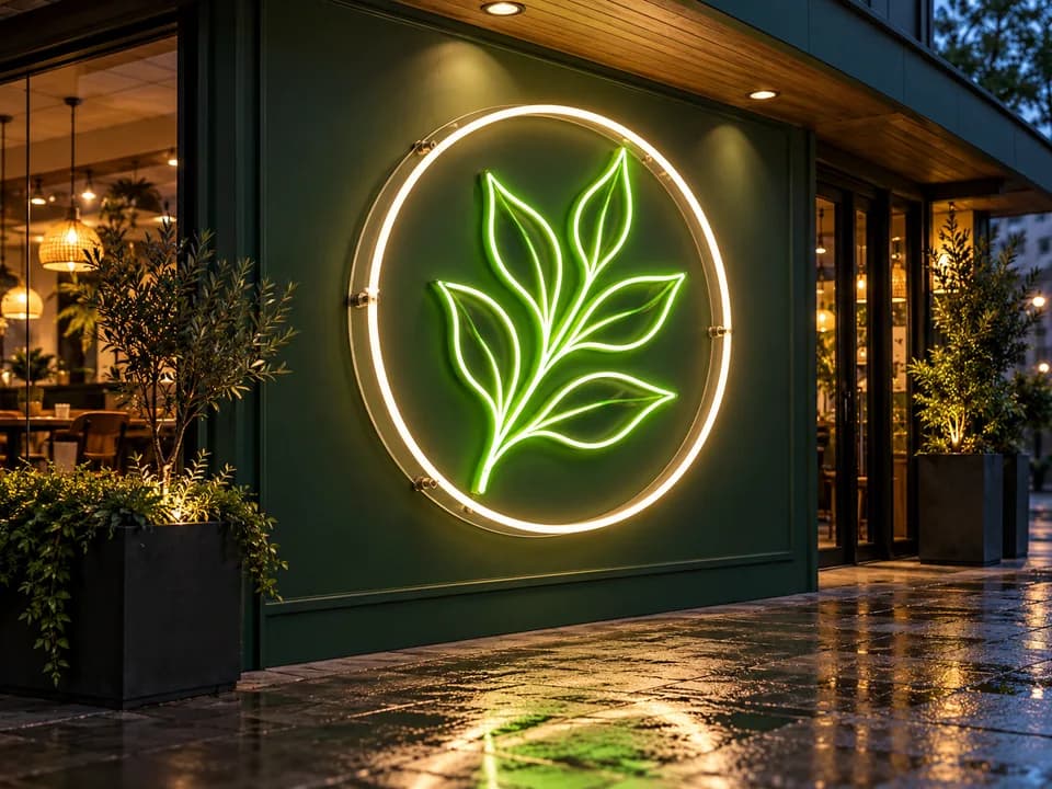 Design preview of a green botanical neon sign under a sheltered storefront canopy
