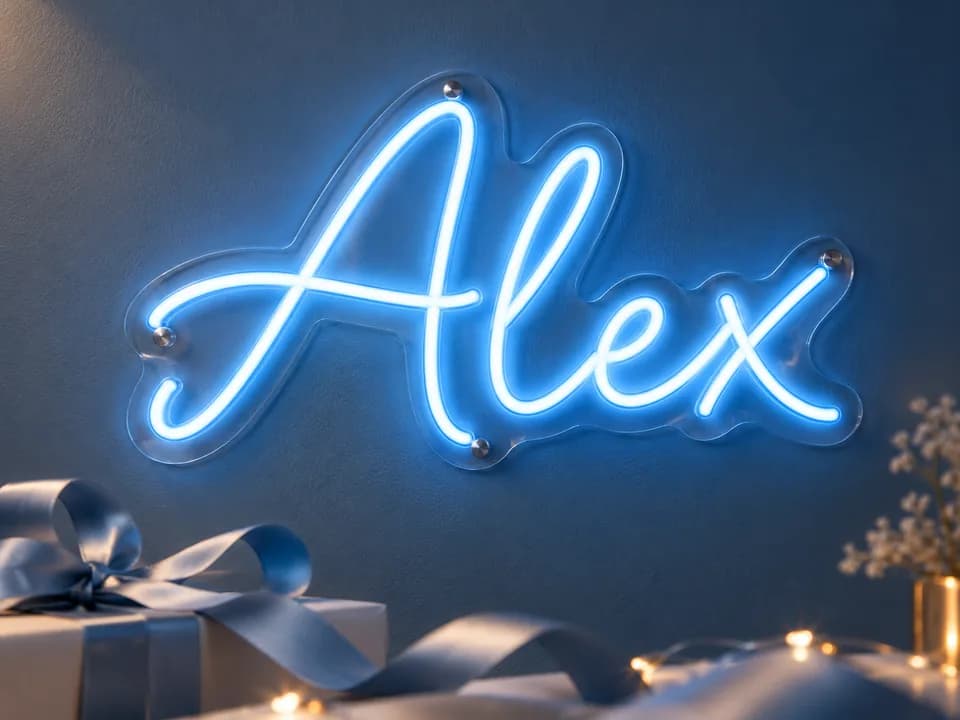 Design preview of an ice-blue Alex name neon sign on contour-cut acrylic