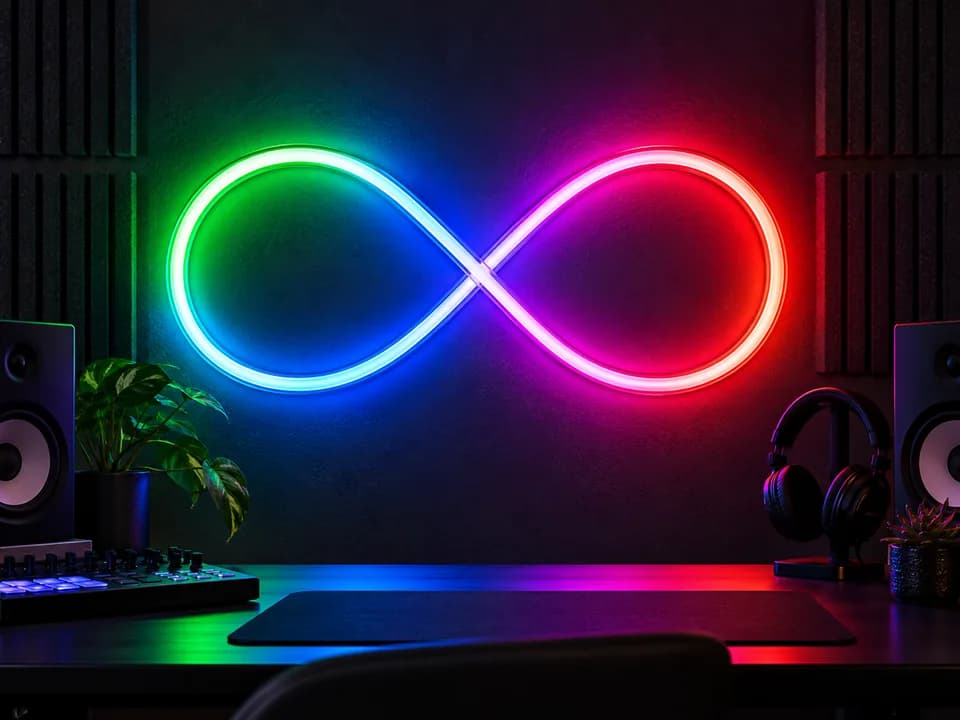 Design preview of a multicolor RGB infinity neon sign in a music studio