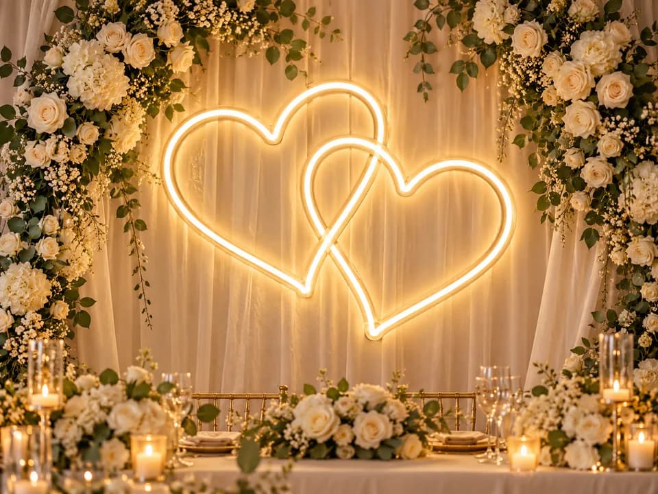 Design preview of warm-white intertwined neon hearts on a floral wedding backdrop
