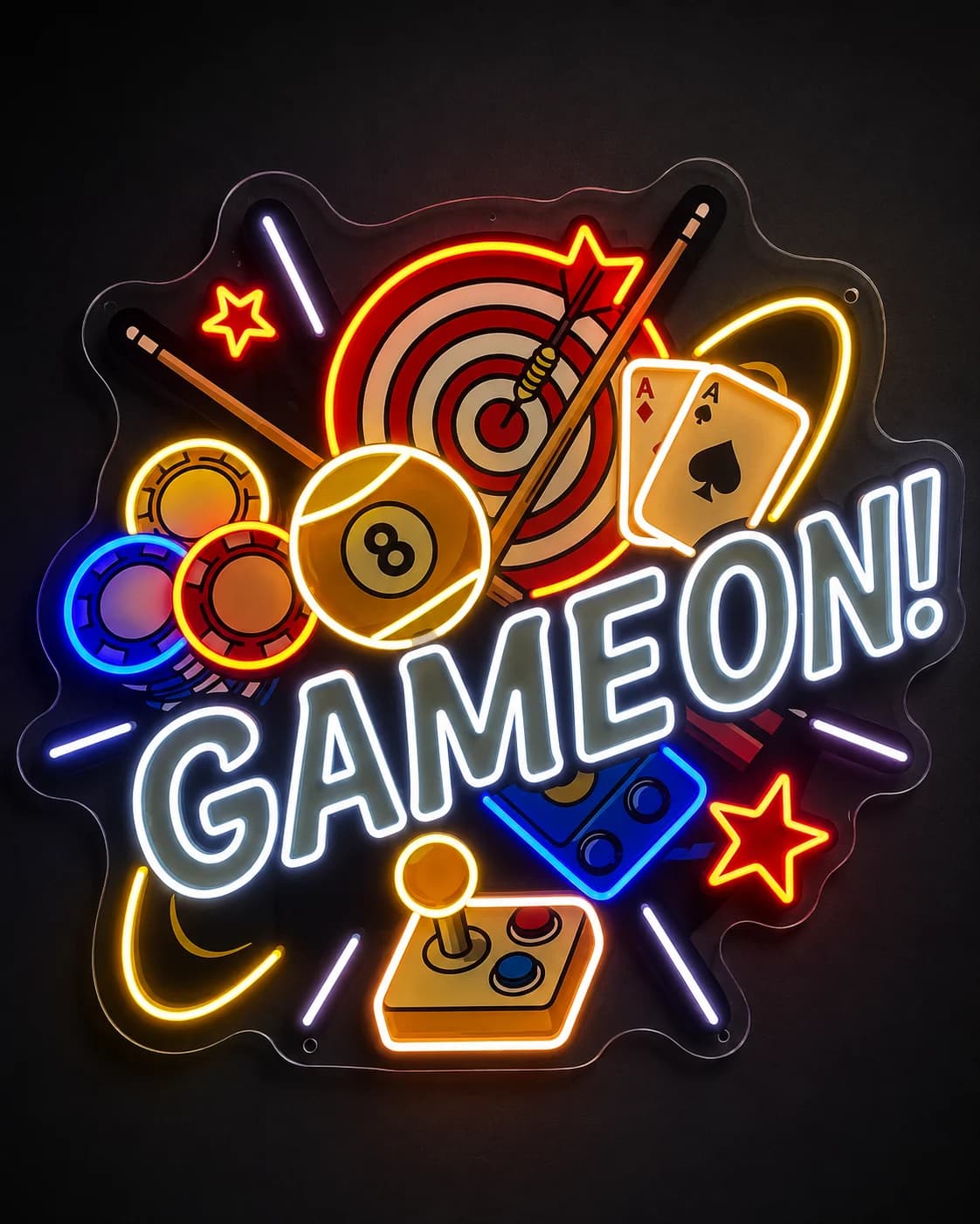 GAME ON sign with illuminated cards, billiards, darts, and arcade graphics